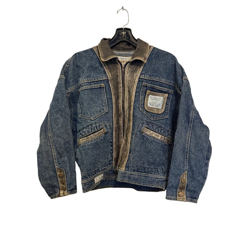 Guess USA Vintage Denim Jacket Brown Leather Authentic Georges Marciano Sz L